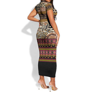 Cameroon Toghu Short Sleeve Bodycon Dress Wild Animal Skins Seamless Pattern