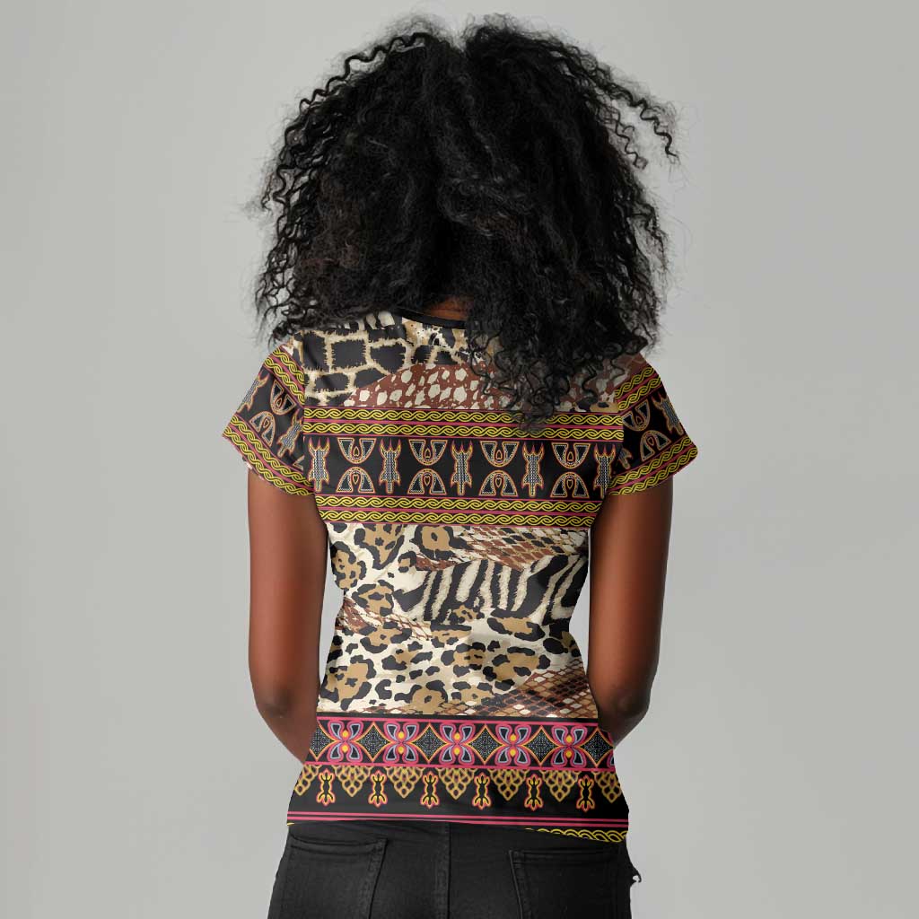 Cameroon Toghu Women V-Neck T-Shirt Wild Animal Skins Seamless Pattern