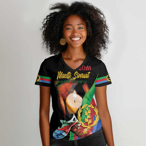 Personalized Afro-Eritrea Maelti Siwuat Women V-Neck T-Shirt Shida Shoes Glory To Our Martyrs Eritrea