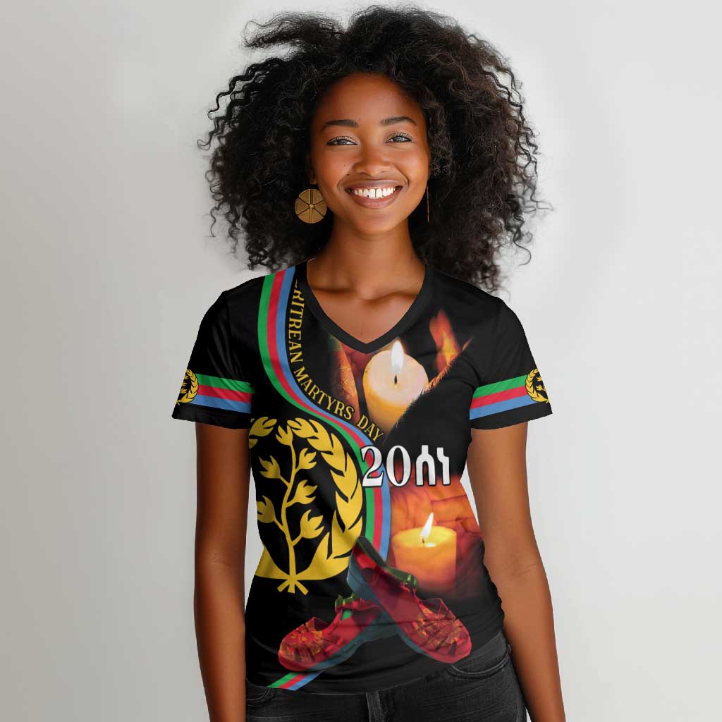 Personalized Afro-Eritrea Maelti Siwuat Women V-Neck T-Shirt Candle Vigil Glory To Our Martyrs Eritrea