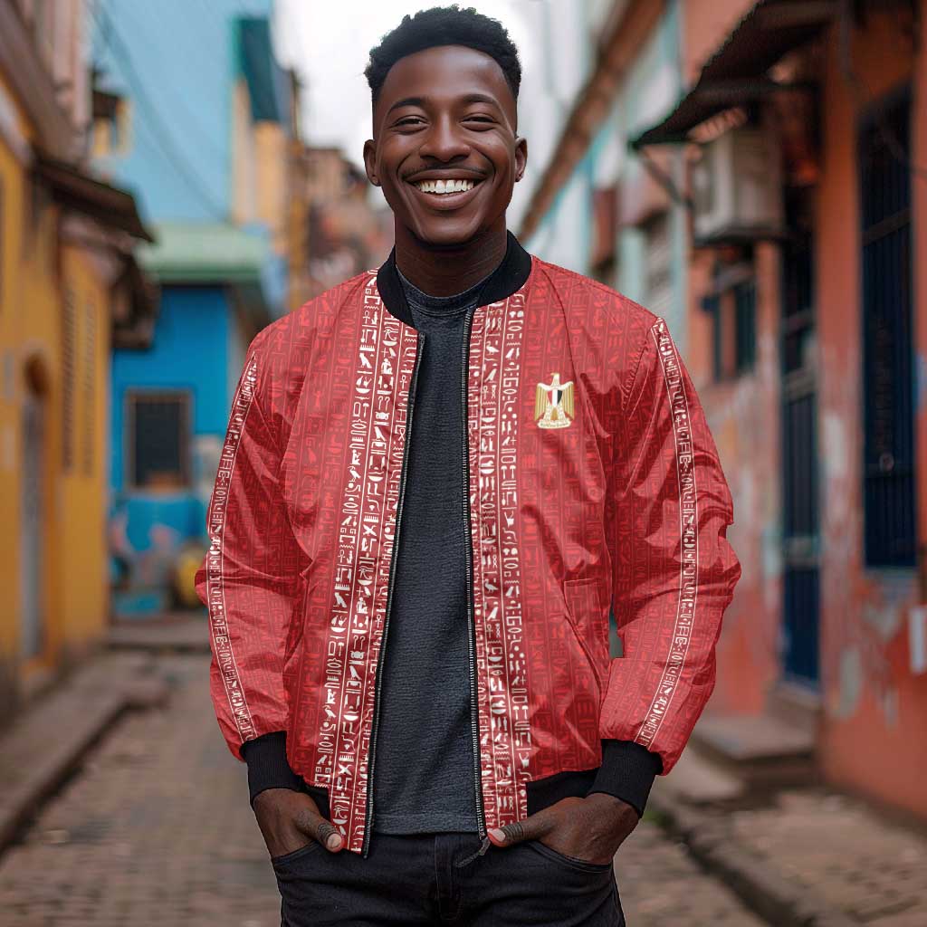World Football 2026 Egypt Custom Bomber Jacket Red Ancient Egyptian Hieroglyphs - African Pride