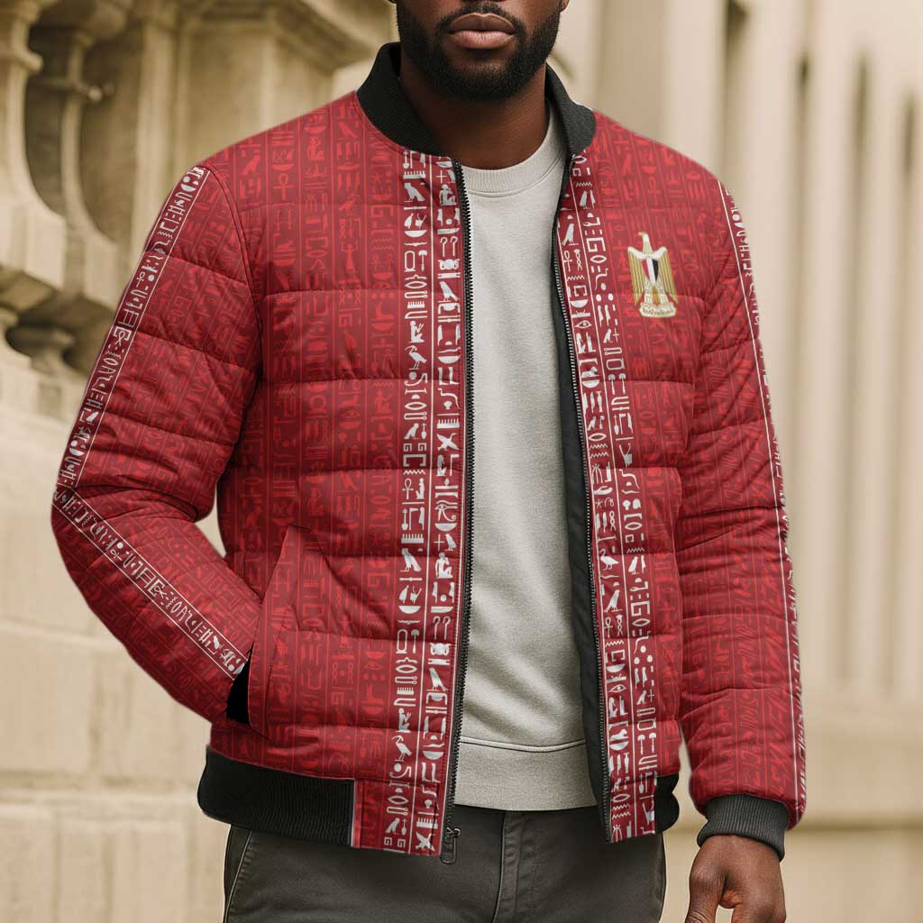 World Football 2026 Egypt Custom Bomber Puffer Jacket Red Ancient Egyptian Hieroglyphs - African Pride