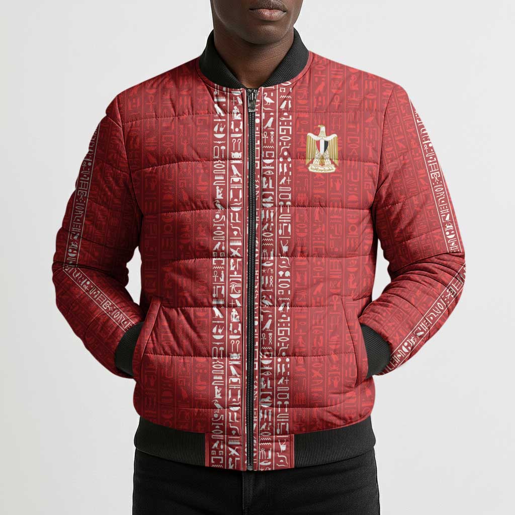 World Football 2026 Egypt Custom Bomber Puffer Jacket Red Ancient Egyptian Hieroglyphs - African Pride