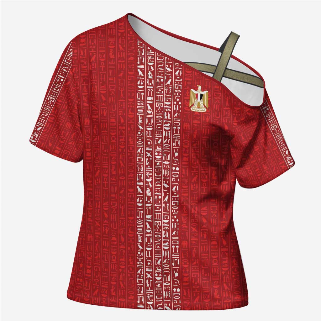World Football 2026 Egypt Custom Cross Shoulder Shirt Red Ancient Egyptian Hieroglyphs - African Pride
