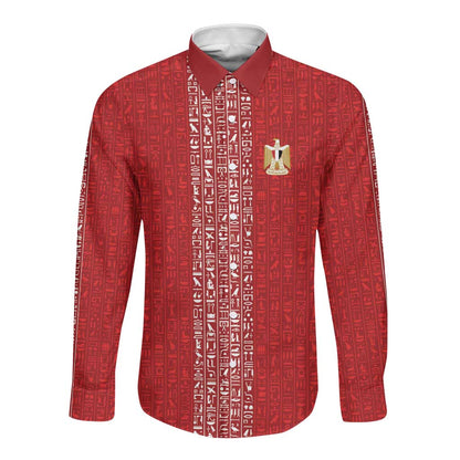 World Football 2026 Egypt Custom Long Sleeve Button Shirt Red Ancient Egyptian Hieroglyphs - African Pride