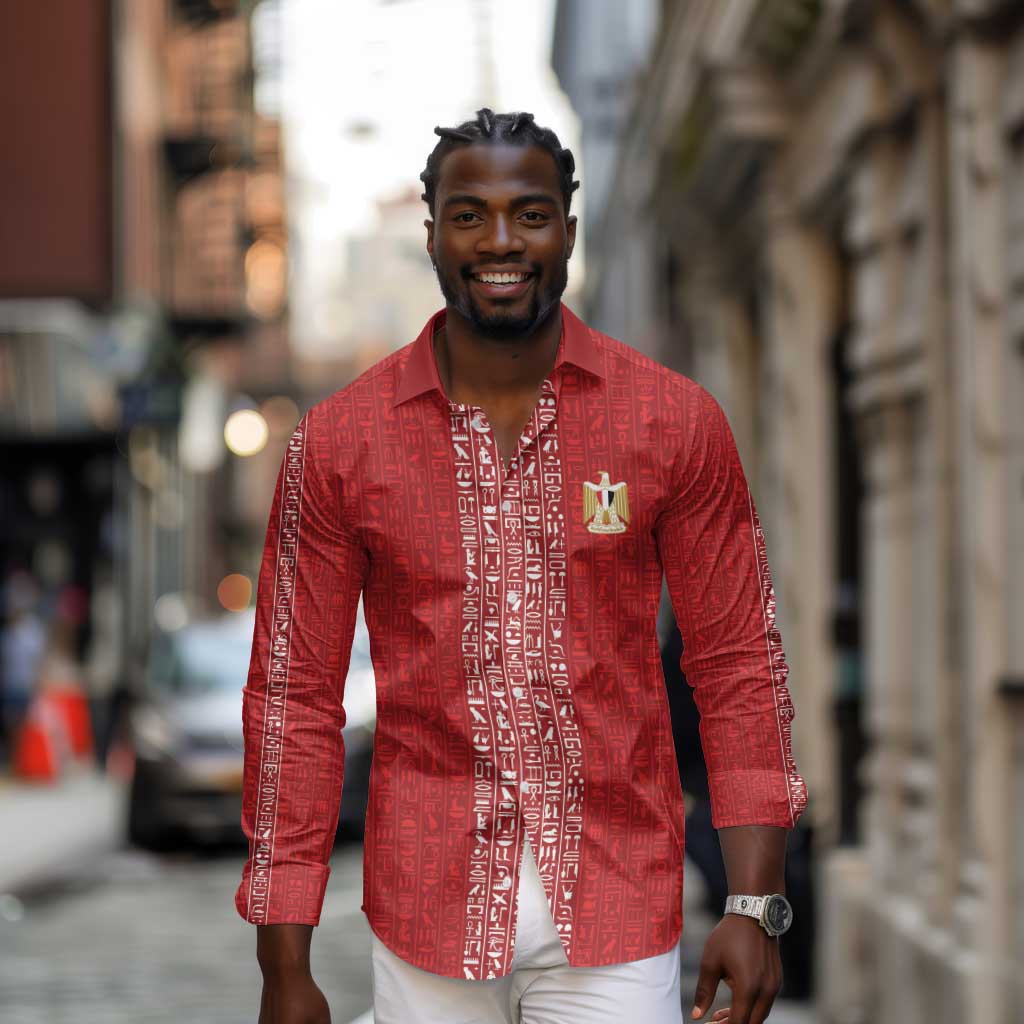 World Football 2026 Egypt Custom Long Sleeve Button Shirt Red Ancient Egyptian Hieroglyphs - African Pride