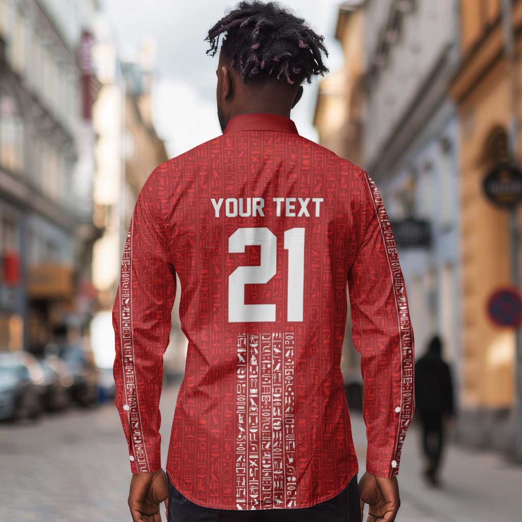 World Football 2026 Egypt Custom Long Sleeve Button Shirt Red Ancient Egyptian Hieroglyphs - African Pride