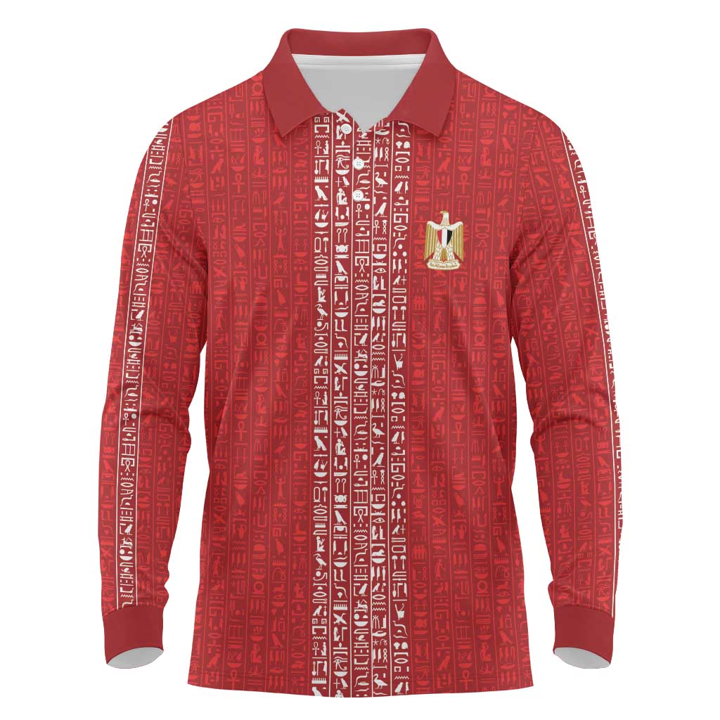 World Football 2026 Egypt Custom Long Sleeve Polo Shirt Red Ancient Egyptian Hieroglyphs - African Pride