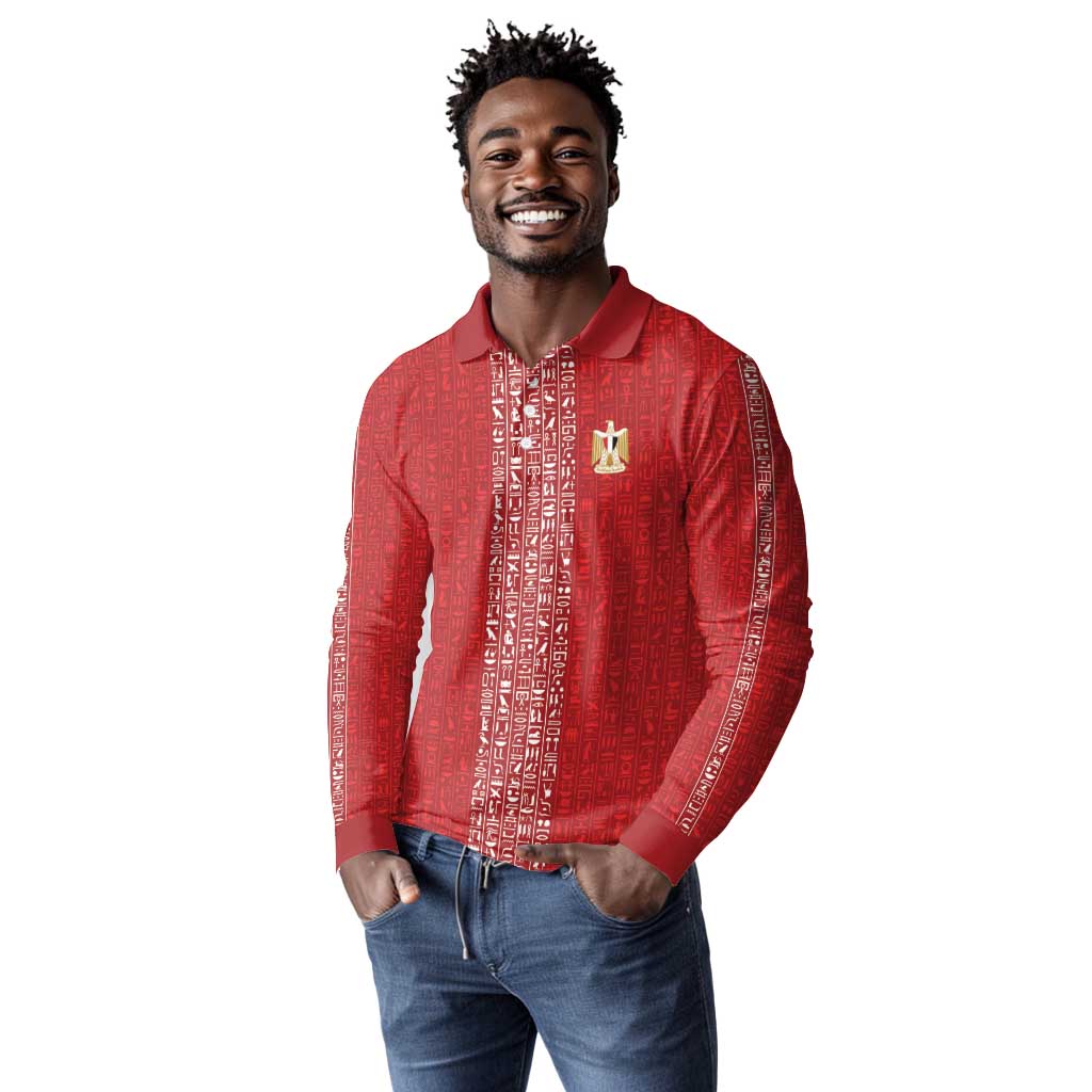 World Football 2026 Egypt Custom Long Sleeve Polo Shirt Red Ancient Egyptian Hieroglyphs - African Pride