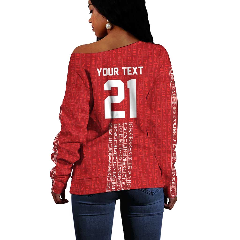 World Football 2026 Egypt Custom Off Shoulder Sweater Red Ancient Egyptian Hieroglyphs - African Pride