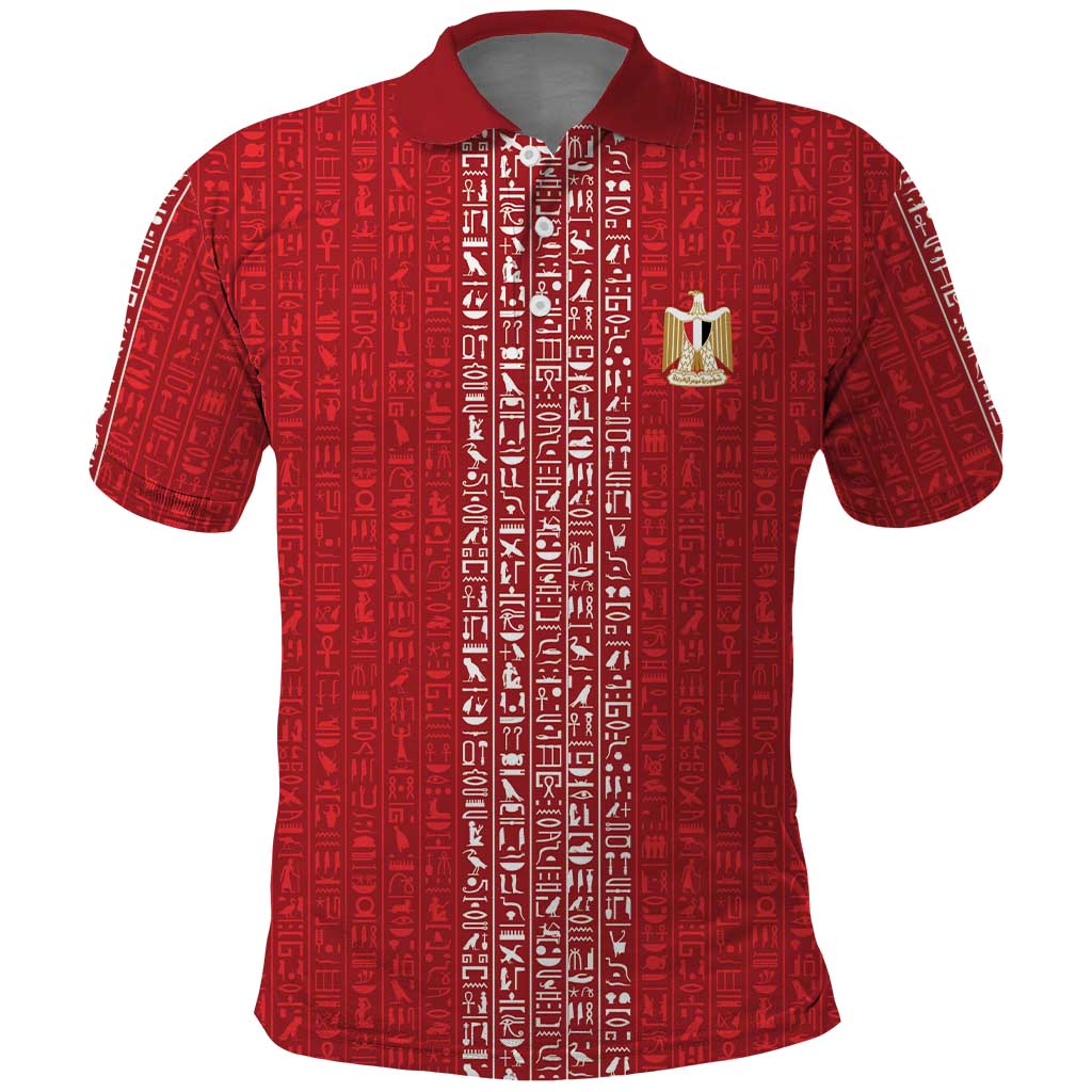 World Football 2026 Egypt Custom Polo Shirt Red Ancient Egyptian Hieroglyphs LT9