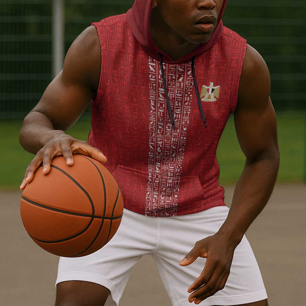 World Football 2026 Egypt Custom Sleeveless Hoodie Red Ancient Egyptian Hieroglyphs - African Pride
