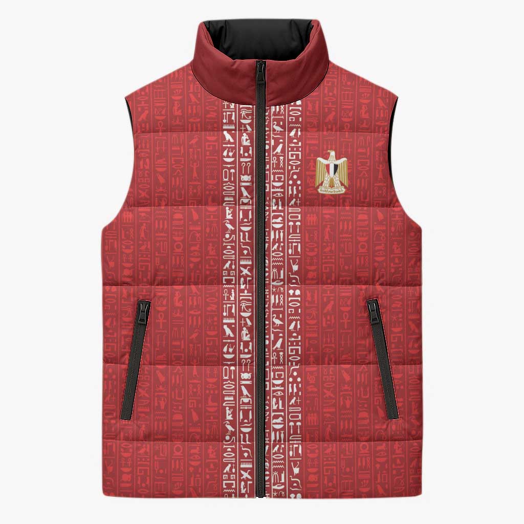 World Football 2026 Egypt Custom Sleeveless Puffer Jacket Red Ancient Egyptian Hieroglyphs - African Pride