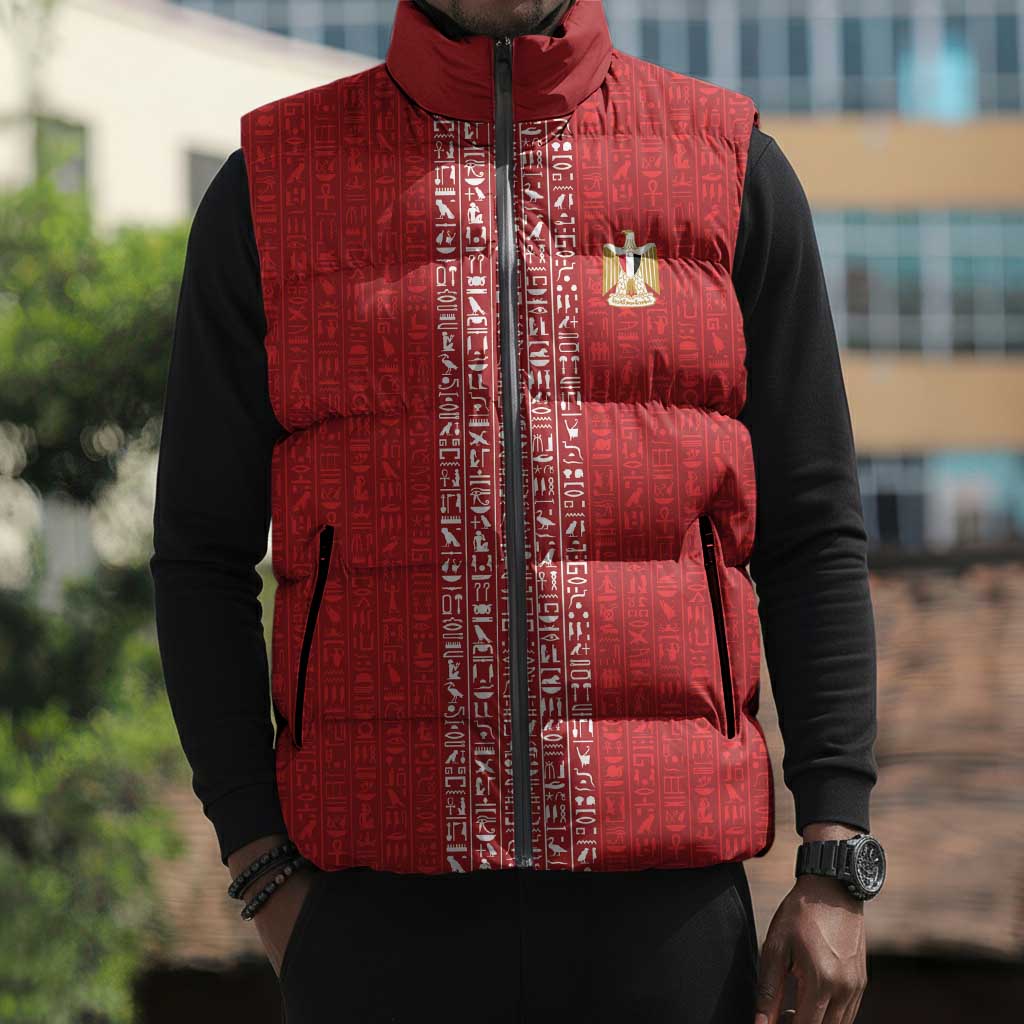 World Football 2026 Egypt Custom Sleeveless Puffer Jacket Red Ancient Egyptian Hieroglyphs - African Pride