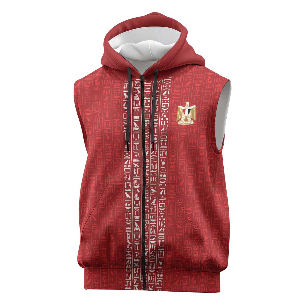 World Football 2026 Egypt Custom Sleeveless Zip Hoodie Red Ancient Egyptian Hieroglyphs - African Pride