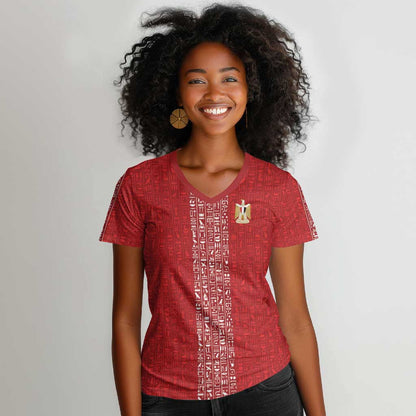 World Football 2026 Egypt Custom Women V-Neck T-Shirt Red Ancient Egyptian Hieroglyphs LT9