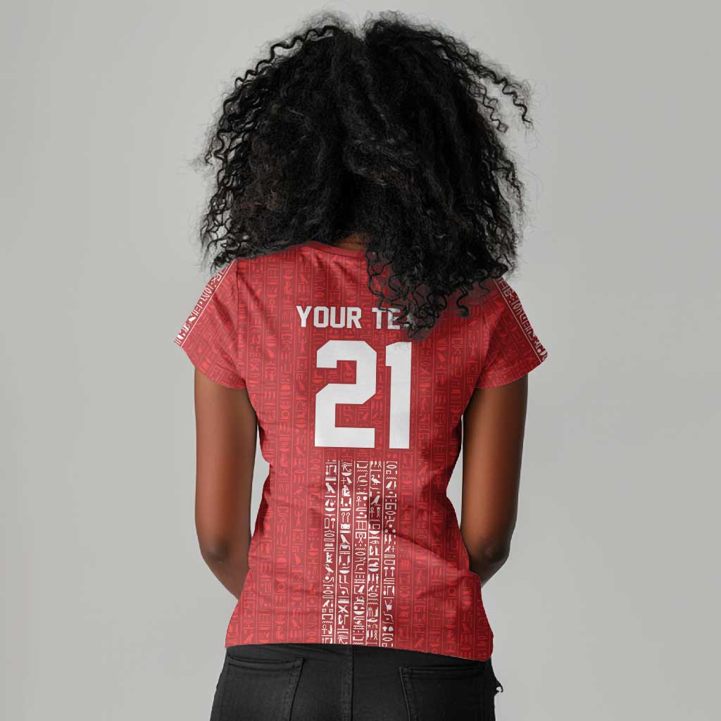 World Football 2026 Egypt Custom Women V-Neck T-Shirt Red Ancient Egyptian Hieroglyphs LT9