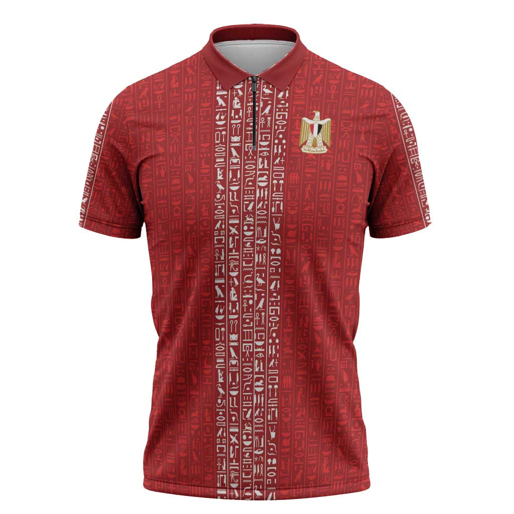 World Football 2026 Egypt Custom Zipper Polo Shirt Red Ancient Egyptian Hieroglyphs - African Pride