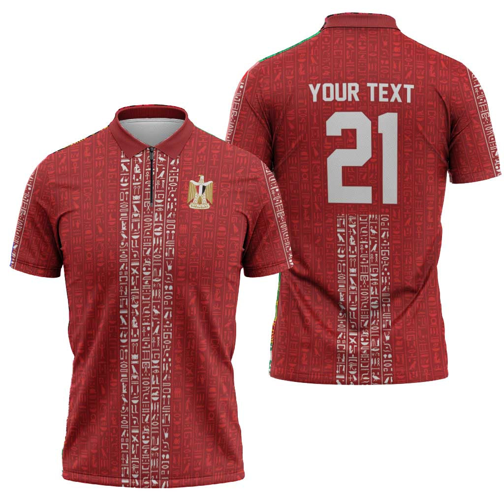 World Football 2026 Egypt Custom Zipper Polo Shirt Red Ancient Egyptian Hieroglyphs - African Pride
