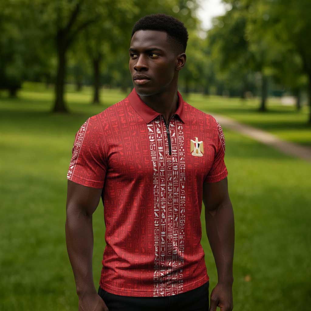 World Football 2026 Egypt Custom Zipper Polo Shirt Red Ancient Egyptian Hieroglyphs - African Pride