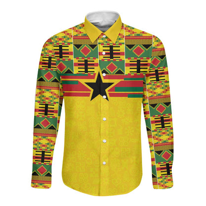 World Football 2026 Ghana Custom Long Sleeve Button Shirt Black Stars African Kente Pattern - African Pride