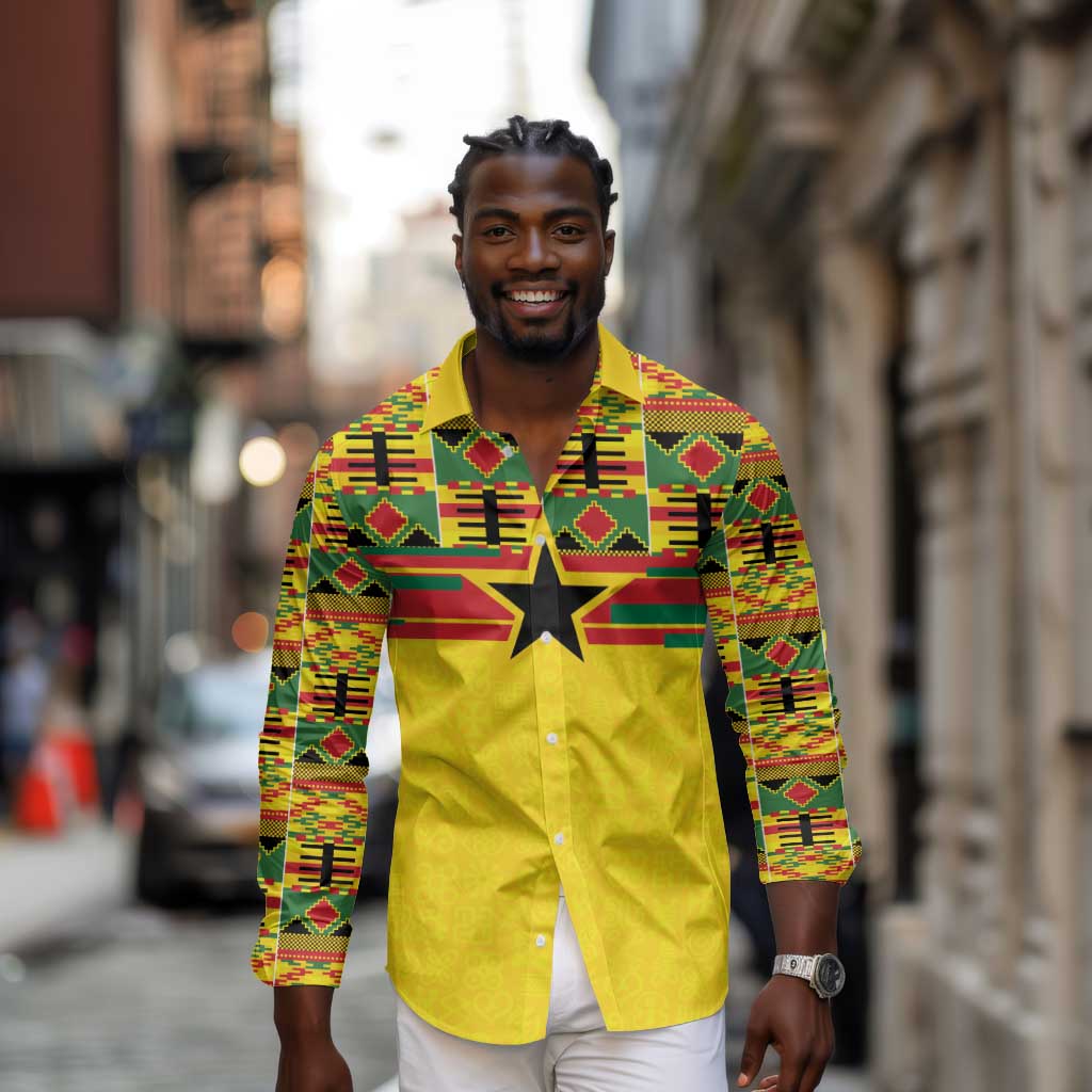 World Football 2026 Ghana Custom Long Sleeve Button Shirt Black Stars African Kente Pattern - African Pride