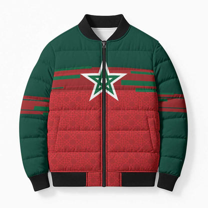 World Football 2026 Morocco Custom Bomber Puffer Jacket African Geometric Red Pattern - African Pride