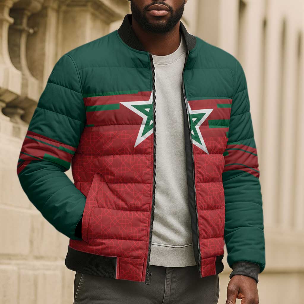 World Football 2026 Morocco Custom Bomber Puffer Jacket African Geometric Red Pattern - African Pride