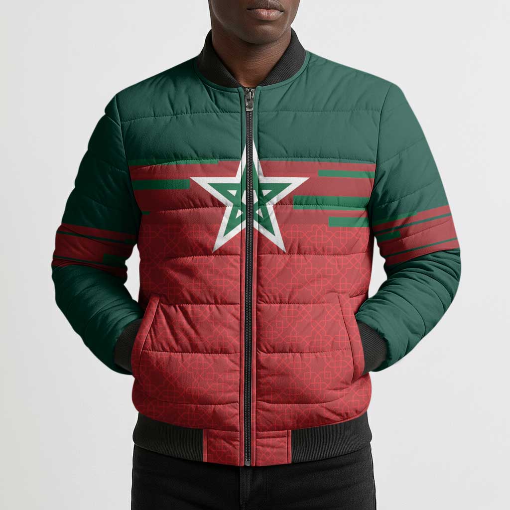World Football 2026 Morocco Custom Bomber Puffer Jacket African Geometric Red Pattern - African Pride