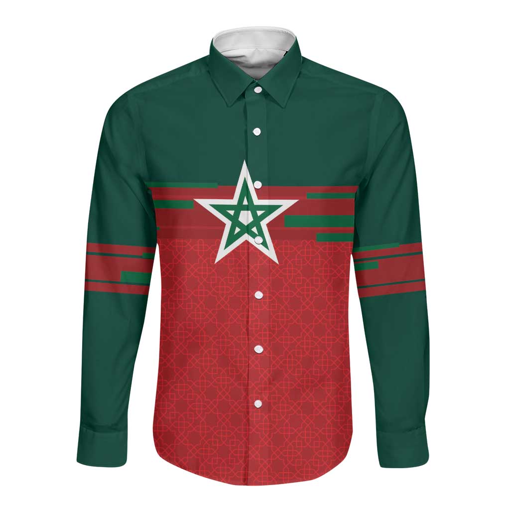 World Football 2026 Morocco Custom Long Sleeve Button Shirt African Geometric Red Pattern - African Pride