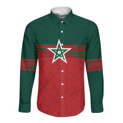 World Football 2026 Morocco Custom Long Sleeve Button Shirt African Geometric Red Pattern - African Pride