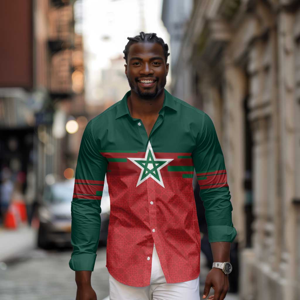 World Football 2026 Morocco Custom Long Sleeve Button Shirt African Geometric Red Pattern - African Pride