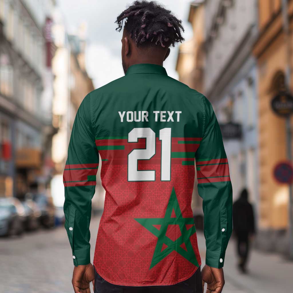 World Football 2026 Morocco Custom Long Sleeve Button Shirt African Geometric Red Pattern - African Pride