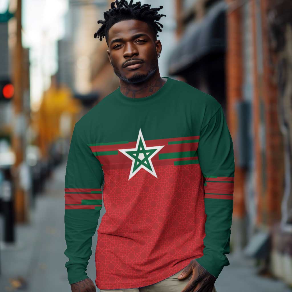 World Football 2026 Morocco Custom Long Sleeve Shirt African Geometric Red Pattern - African Pride