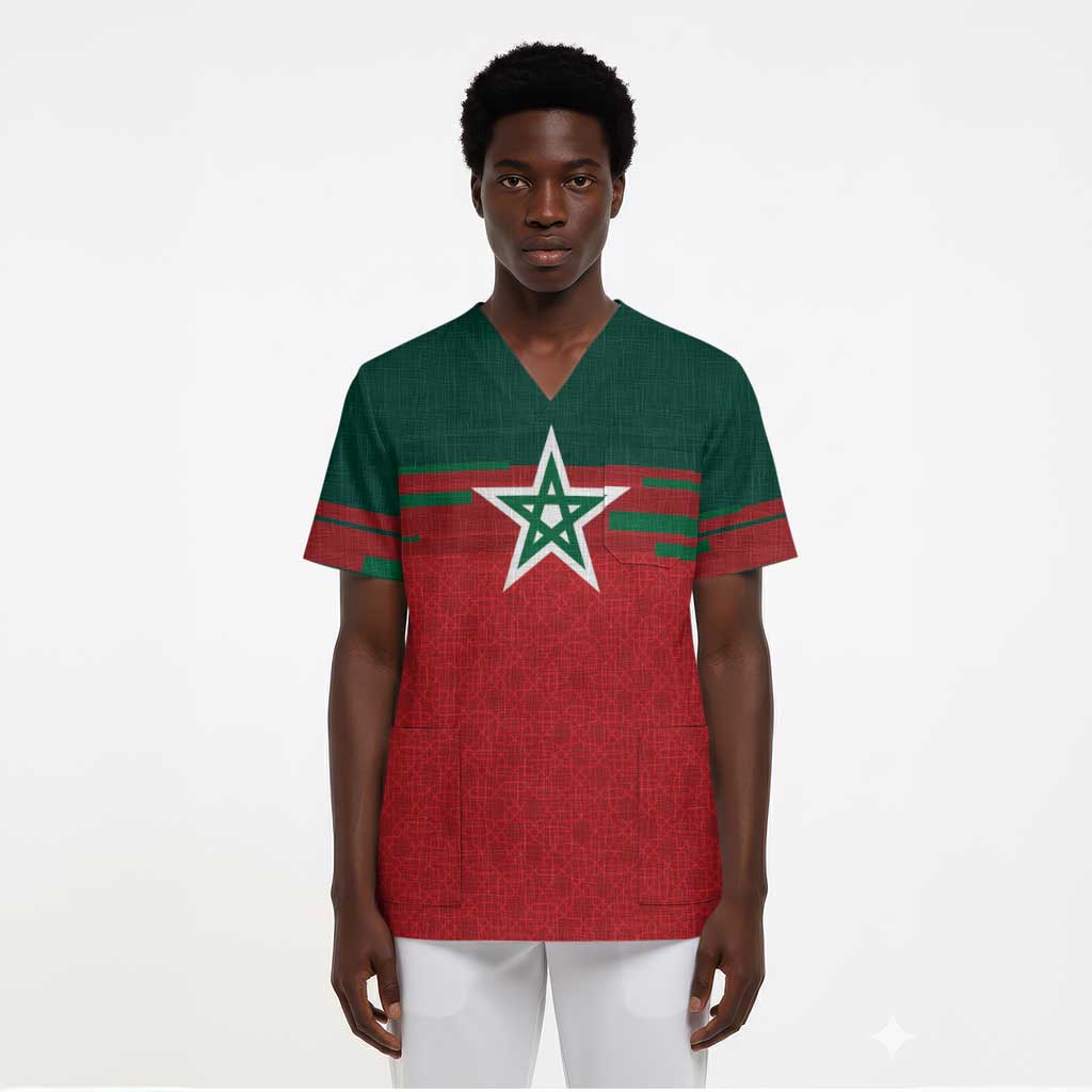 World Football 2026 Morocco Custom Scrub Top African Geometric Red Pattern - African Pride