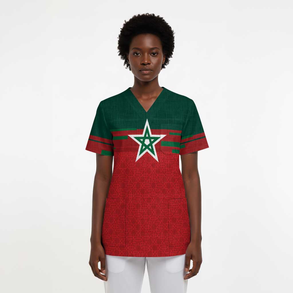 World Football 2026 Morocco Custom Scrub Top African Geometric Red Pattern - African Pride