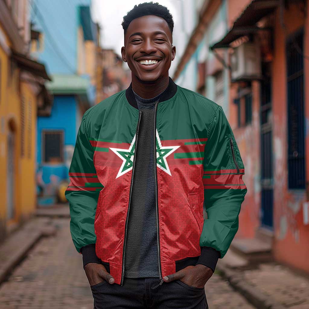 World Football 2026 Morocco Custom Sleeve Zip Bomber Jacket African Geometric Red Pattern - African Pride
