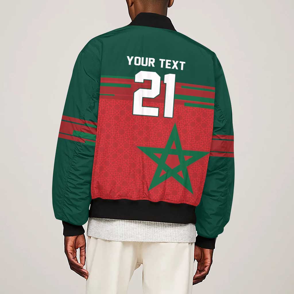 World Football 2026 Morocco Custom Sleeve Zip Bomber Jacket African Geometric Red Pattern - African Pride
