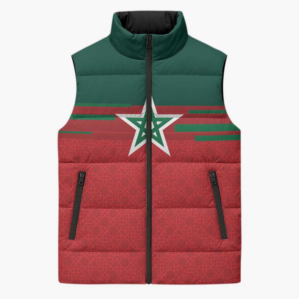 World Football 2026 Morocco Custom Sleeveless Puffer Jacket African Geometric Red Pattern - African Pride