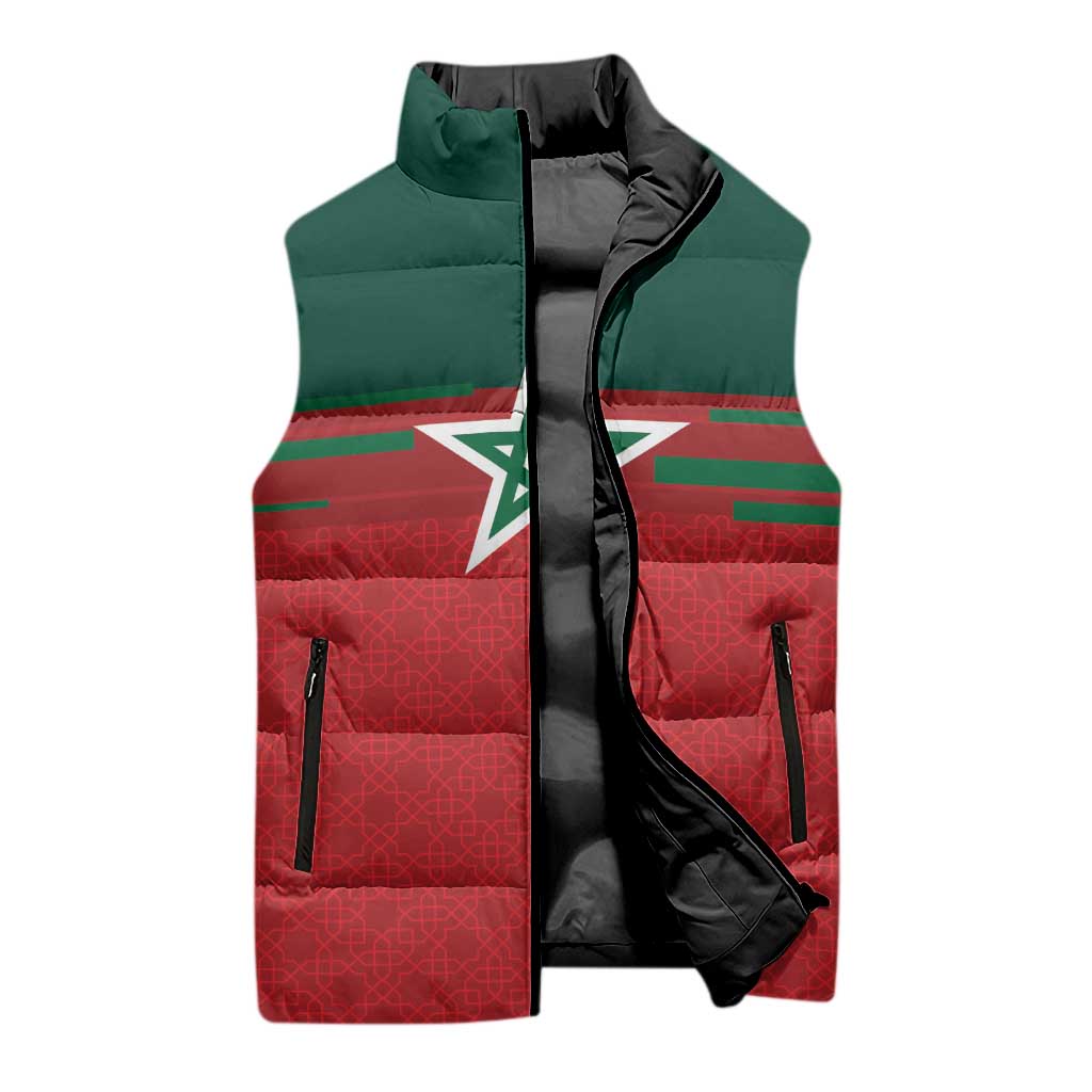 World Football 2026 Morocco Custom Sleeveless Puffer Jacket African Geometric Red Pattern - African Pride