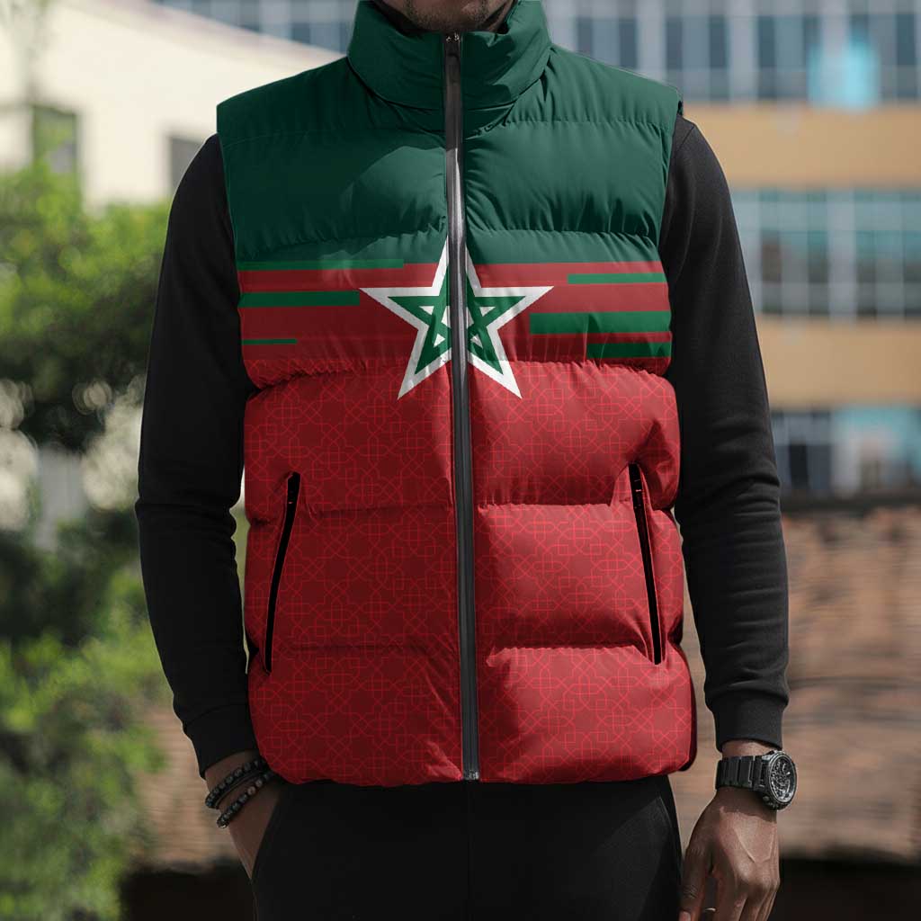 World Football 2026 Morocco Custom Sleeveless Puffer Jacket African Geometric Red Pattern - African Pride