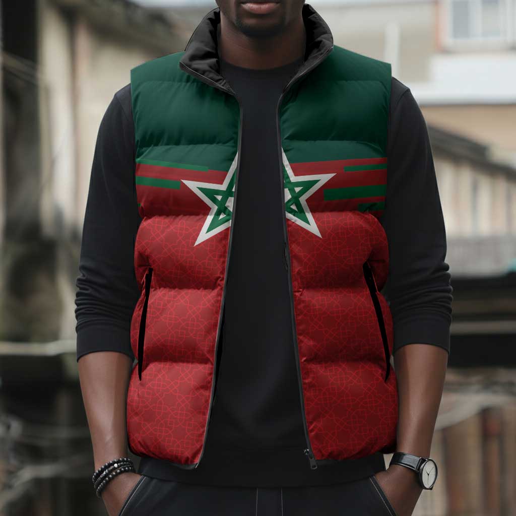 World Football 2026 Morocco Custom Sleeveless Puffer Jacket African Geometric Red Pattern - African Pride