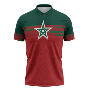 World Football 2026 Morocco Custom Zipper Polo Shirt African Geometric Red Pattern - African Pride