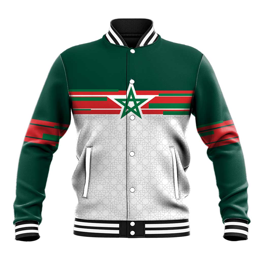 World Football 2026 Morocco Custom Baseball Jacket African Geometric White Pattern - African Pride