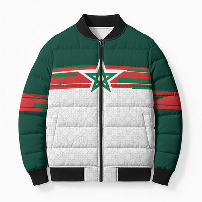 World Football 2026 Morocco Custom Bomber Puffer Jacket African Geometric White Pattern - African Pride