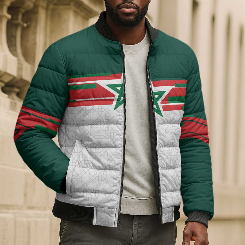 World Football 2026 Morocco Custom Bomber Puffer Jacket African Geometric White Pattern - African Pride