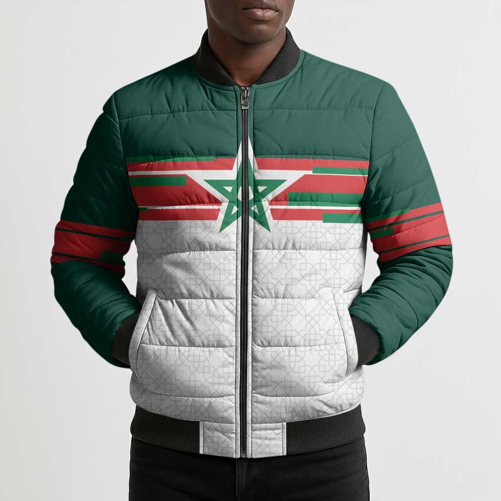 World Football 2026 Morocco Custom Bomber Puffer Jacket African Geometric White Pattern - African Pride