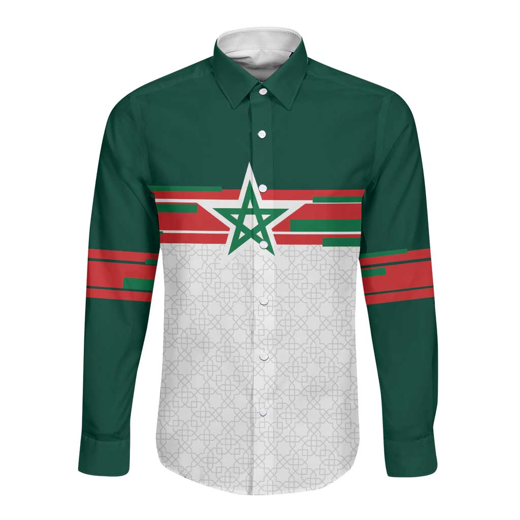 World Football 2026 Morocco Custom Long Sleeve Button Shirt African Geometric White Pattern - African Pride