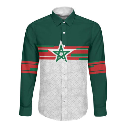 World Football 2026 Morocco Custom Long Sleeve Button Shirt African Geometric White Pattern - African Pride