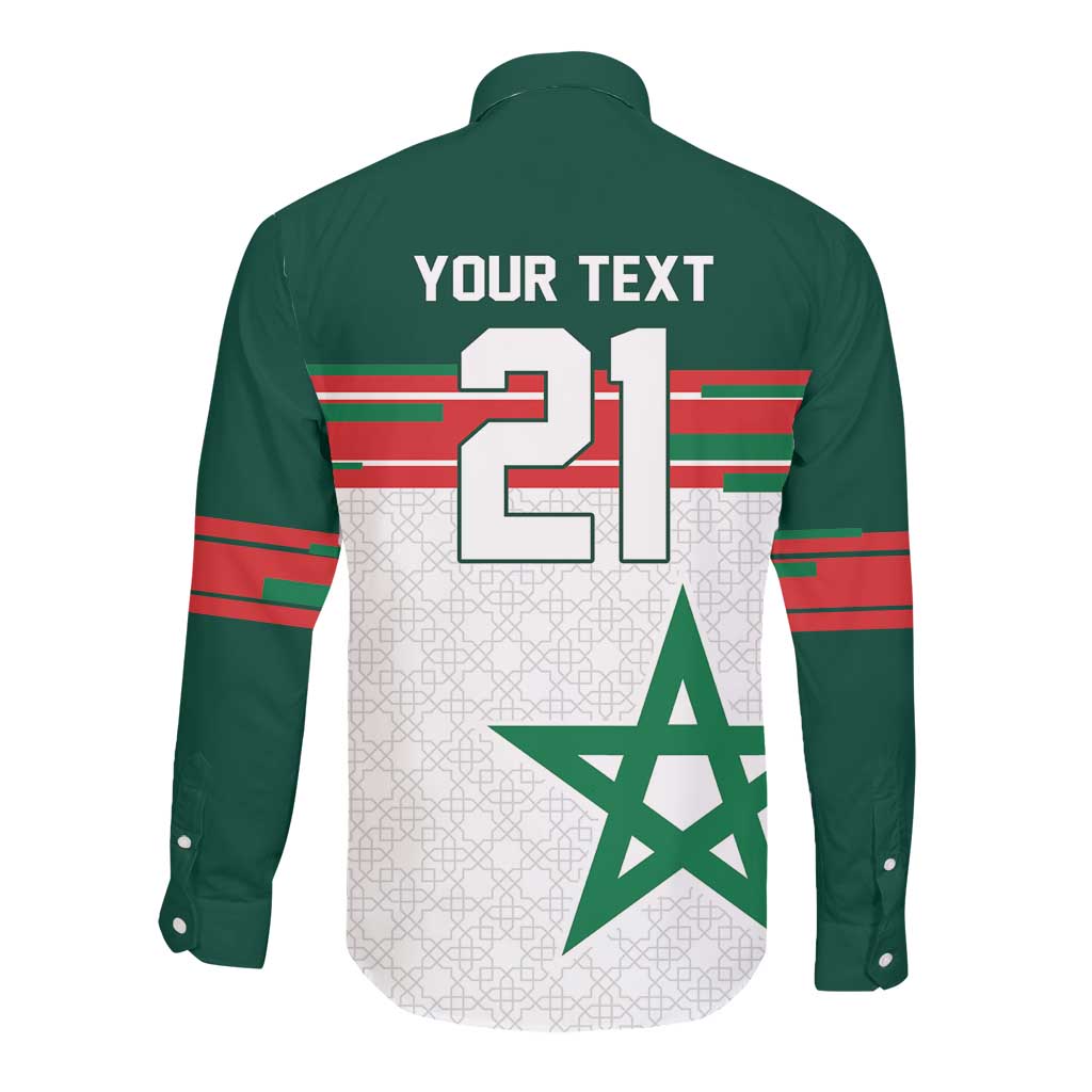 World Football 2026 Morocco Custom Long Sleeve Button Shirt African Geometric White Pattern - African Pride